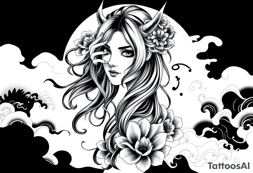 Prompt:

Full sleeve Japanese-inspired tattoo design featuring a beautiful female oni (demon woman) with an elegant, mysterious expression, one hand partially covering her face, long flowing hair integrated into swirling wind and wave patterns, large detailed chrysanthemums and peonies woven through the composition, dynamic negative space with bold black fills and smooth gradients, traditional Japanese cloud and water motifs, high-contrast black and grey with soft shading and sharp linework, balanced composition wrapping around the arm, modern neo-Japanese illustrative style.

Style tags:
– High contrast black and grey
– Neo-Japanese tattoo
– Traditional Japanese motifs
– Sleeve layout design
– Chrysanthemums, peonies, wind bars, waves
– Female oni portrait tattoo idea