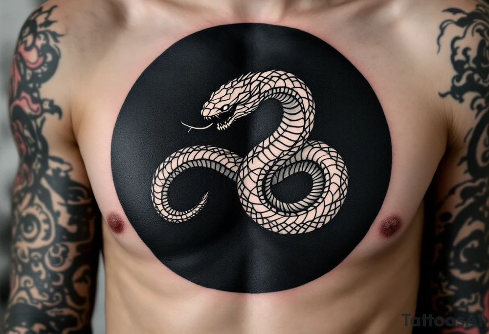 A white ouroboros (snake eating its tail) on a black circular background, symbolizing eternal safety. tattoo idea