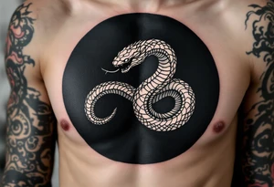 A white ouroboros (snake eating its tail) on a black circular background, symbolizing eternal safety. tattoo idea