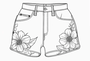 minimalstic outlined overall-shorts with flowers. Thin lines. tattoo idea