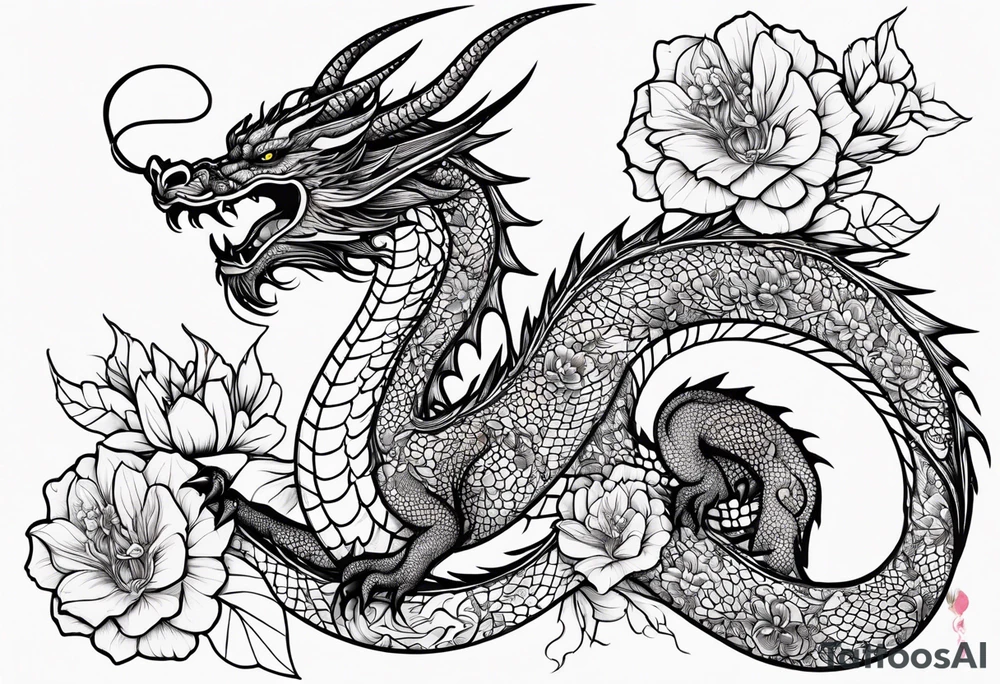 Dragon en Arabic avec un cerisier en fleur tattoo idea