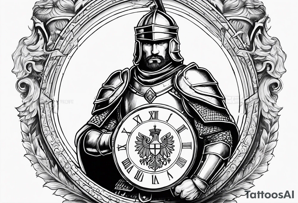 Serbian knight holding a shield with the Serbian eagle in the shield with a clock around him tattoo idea
