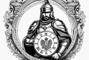 Serbian knight holding a shield with the Serbian eagle in the shield with a clock around him tattoo idea