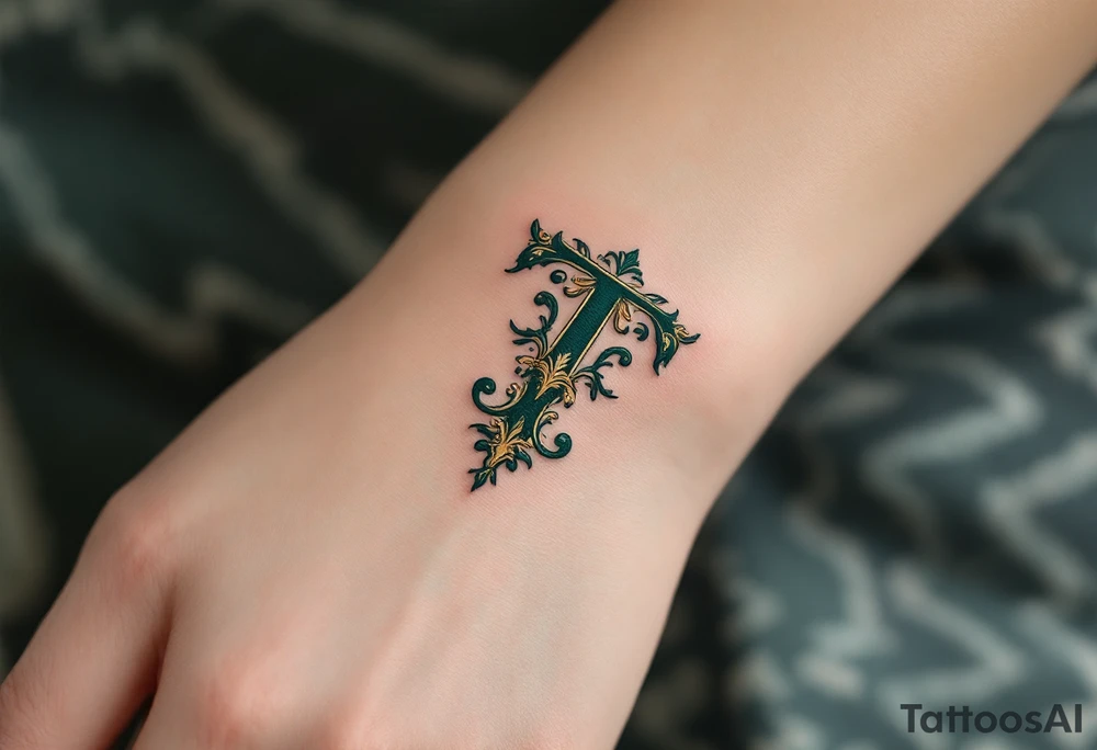 An ornate Victorian-style "T" in deep emerald green with gold leaf filigree. tattoo idea