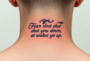 "Fear does not shut you down, it wakes you up engraved in an elegant script, surrounded by subtle abstract smoke tattoo idea