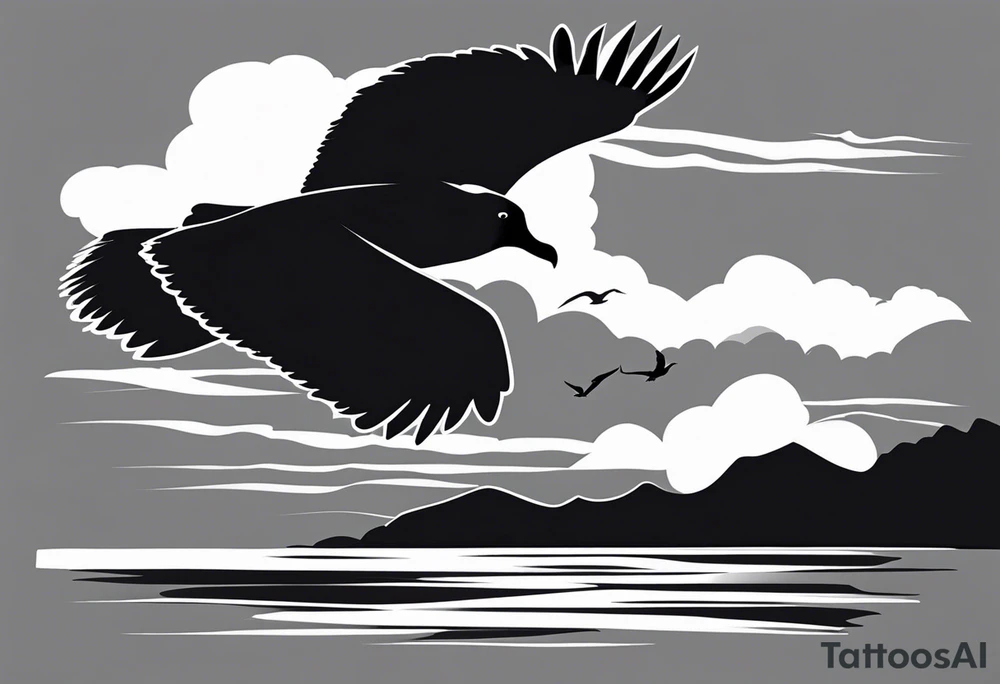 A black and white illustration of a silhouette of an albatross in flight against a stormy sky. The albatross is a large seabird with a wingspan of up to 11 feet. It is known for its ability to fly long distances over open water. The stormy sky has dark clouds and lightning. The background is the ocean. tattoo idea