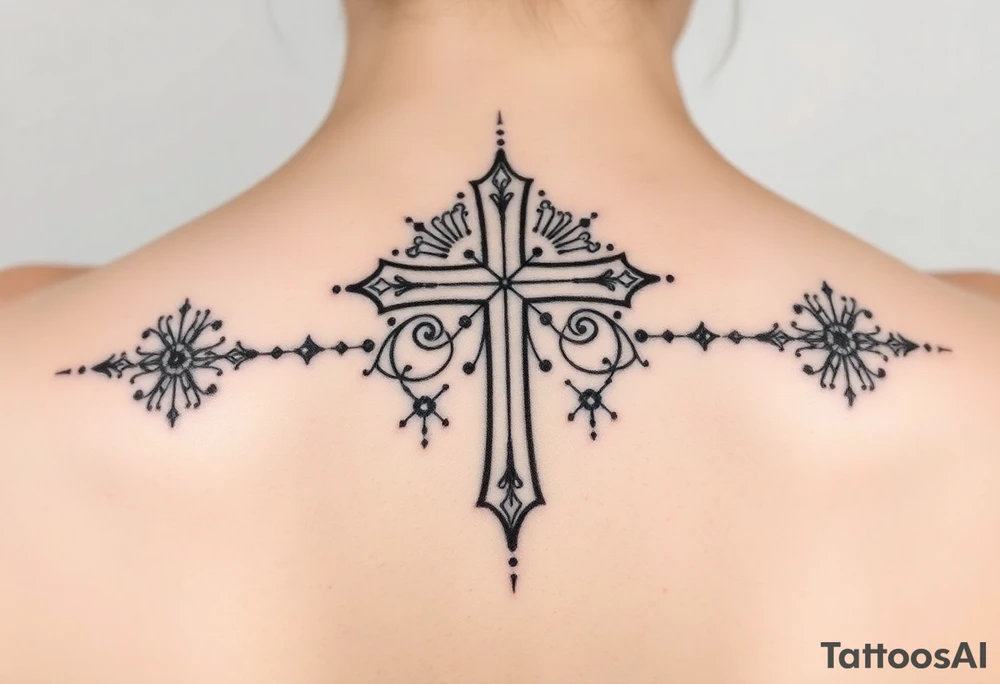 christian cross, surrounded by geometrics ornaments tattoo idea