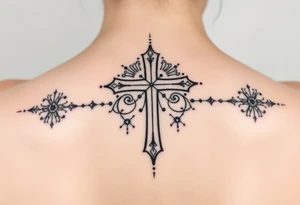 christian cross, surrounded by geometrics ornaments tattoo idea