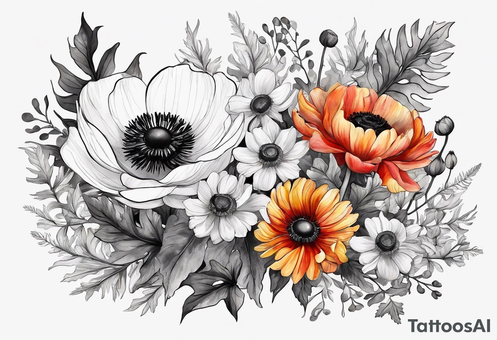 a white anemone with black center with thistles, ferns, ranuculus, sun flowers, red flowers, ping flowers, orange flowers, yellow flowers all in watercolor tattoo idea