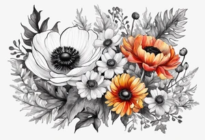 a white anemone with black center with thistles, ferns, ranuculus, sun flowers, red flowers, ping flowers, orange flowers, yellow flowers all in watercolor tattoo idea