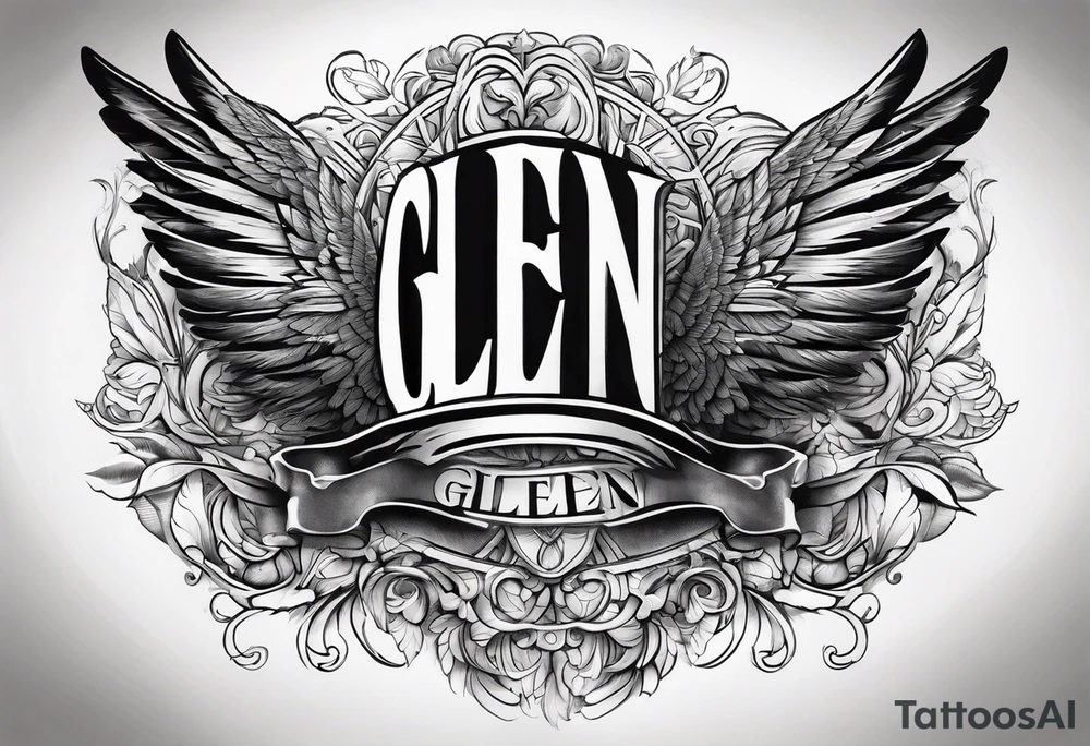 The word Glenn on a banner with angel Wings tattoo idea