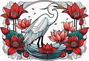 Egret and red lotuses tattoo idea
