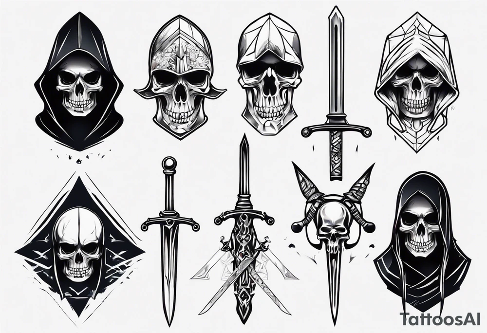 hooded skull sword tattoo idea