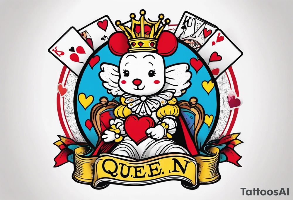 queen of hearts - there is an artist named tom sachs and kaws - can you make it look like they made it?- on forearm - with text saying queen starleen tattoo idea