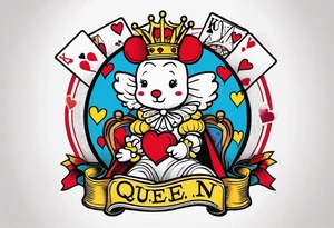 queen of hearts - there is an artist named tom sachs and kaws - can you make it look like they made it?- on forearm - with text saying queen starleen tattoo idea