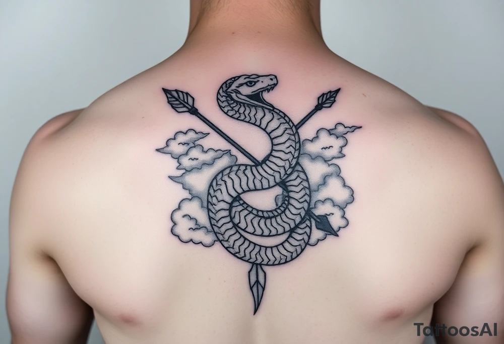 snake with bow and arrow with dragon around chest and have clouds as background
, tattoo idea
