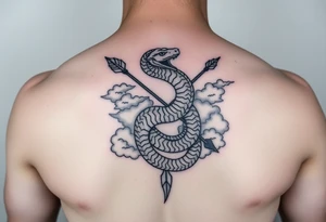 snake with bow and arrow with dragon around chest and have clouds as background
, tattoo idea