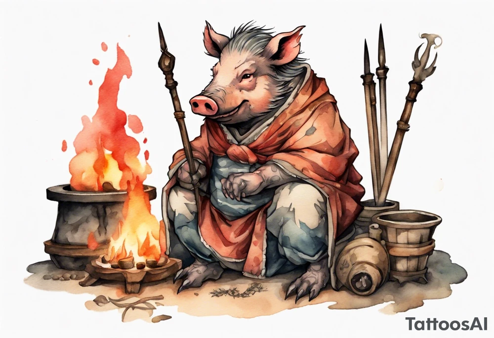 a Medieval boar sitting by the hearth tattoo idea