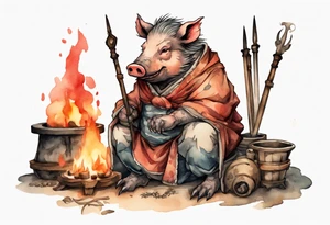 a Medieval boar sitting by the hearth tattoo idea