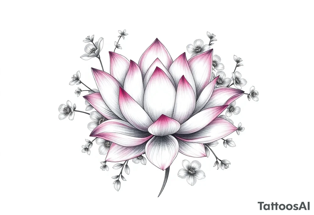 Lotus flower surrounded by forget me nots and peonies tattoo idea