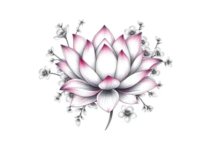 Lotus flower surrounded by forget me nots and peonies tattoo idea