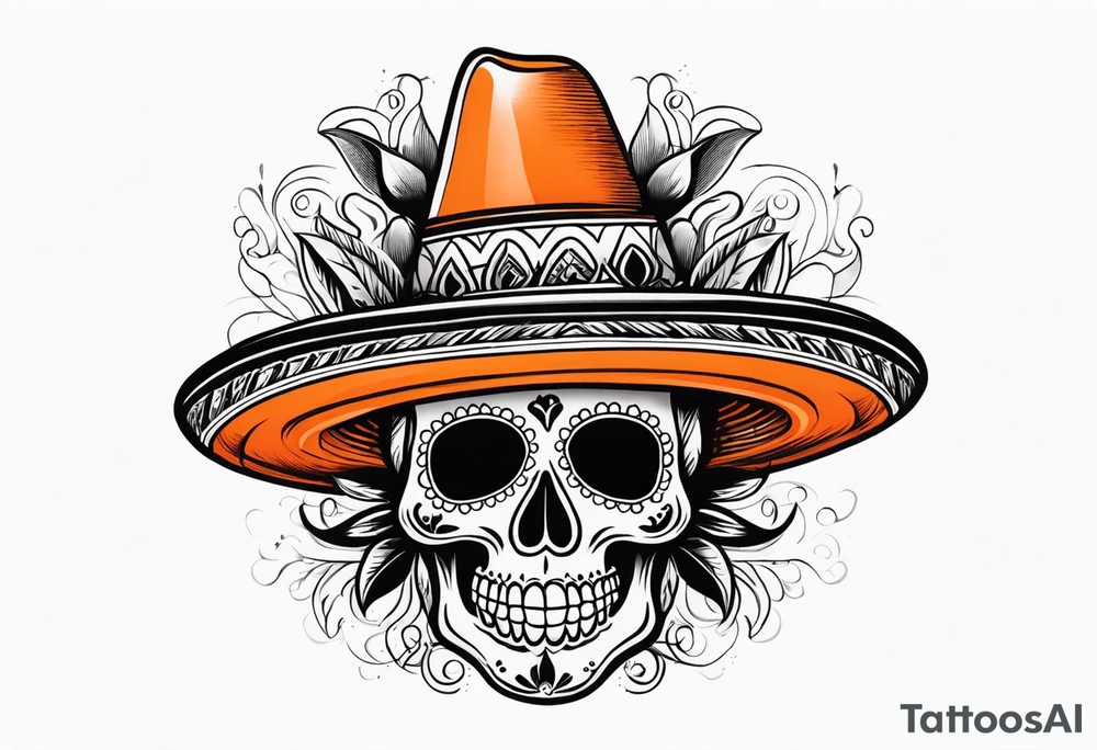 Mexican skull with sombrero with smoke coming out of the bottom orange and black tattoo idea