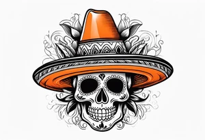 Mexican skull with sombrero with smoke coming out of the bottom orange and black tattoo idea
