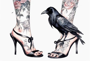 raven wearing a white ribbon around her foot tattoo idea