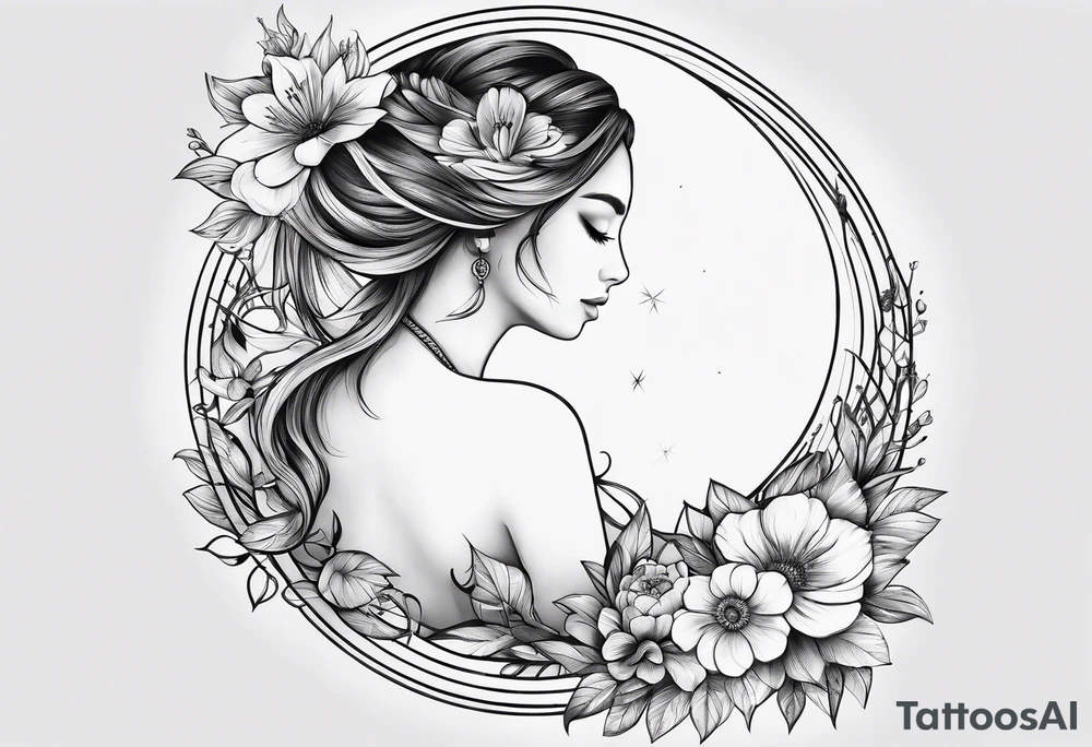 Tattoo on Woman’s Spine fine line, flower, moon, balance, eternity, perfection, love, patience, rising out of suffering tattoo idea
