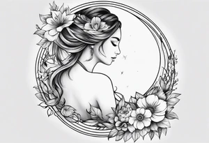 Tattoo on Woman’s Spine fine line, flower, moon, balance, eternity, perfection, love, patience, rising out of suffering tattoo idea