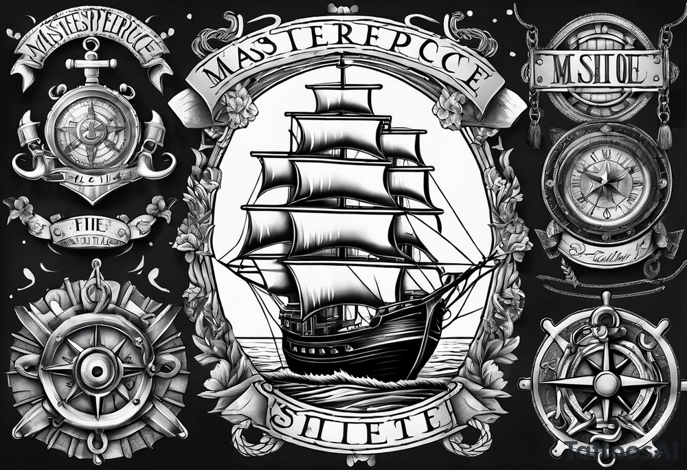 Combined tattoo with various nautical elements like anchor, compass and other nautical and ship elements tattoo idea