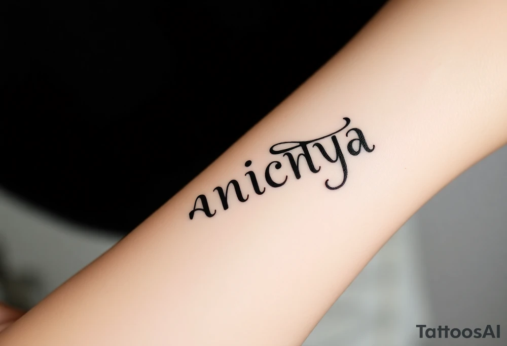 Create a tattoo that writes the Hindi word "Anichya" with A circle or spiral, which represents the cyclical nature of life and death tattoo idea