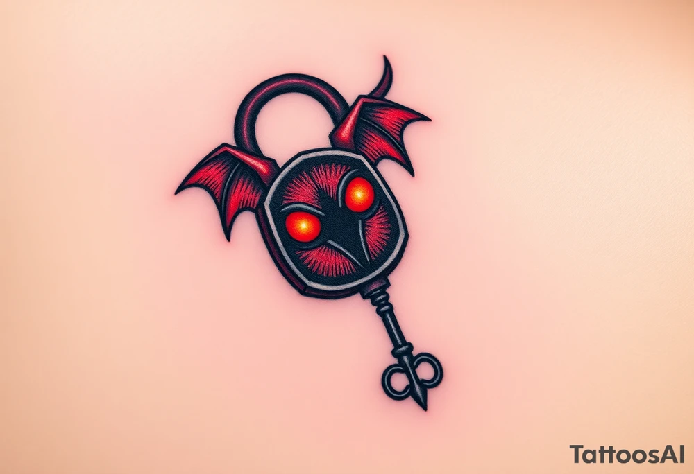 A black and red demonic lock with glowing eyes, with a spiked key floating near it, symbolizing forbidden love tattoo idea