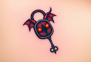 A black and red demonic lock with glowing eyes, with a spiked key floating near it, symbolizing forbidden love tattoo idea