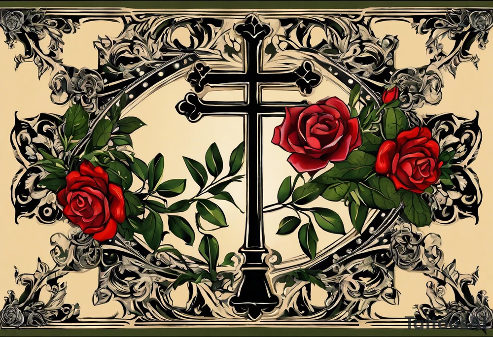 this ins meant to be a collage style that will cover the forearm from the wrist to elbow. Give me an olive branch on wirst at bottom shaped like a manura lamp. A cross above that with smallers olive and rose branches and roses arount it with a crown above the cross on bothe sides small hebrew letters that say king of glory and the other says yeshua messiah in hebrew . Not too many roses. Only black and white tattoo idea