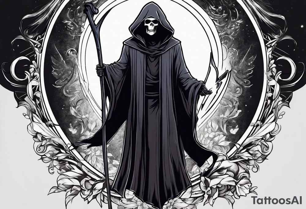 A full body grim reaper with his hood completely off, a halo above his head. tattoo idea