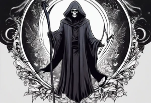 A full body grim reaper with his hood completely off, a halo above his head. tattoo idea