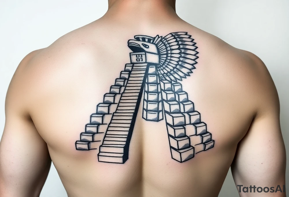 Quetzalcoatl Aztec pyramid treasure black and white tattoo idea
