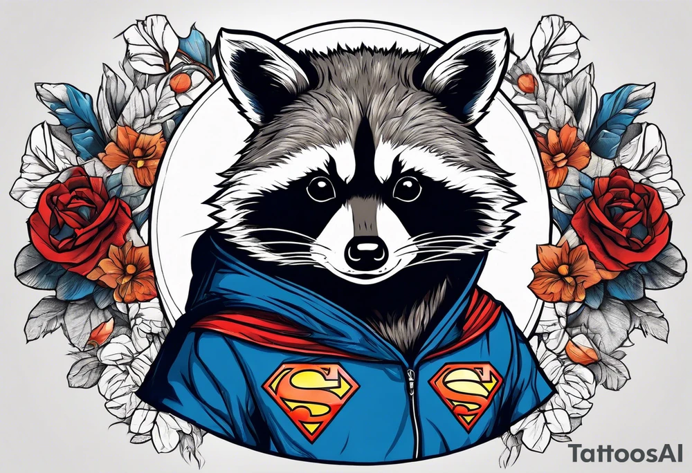 raccoon wearing a Superman hoodie tattoo idea