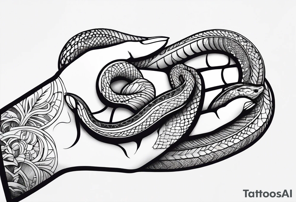 A streched out feminine hand that has a snake all around it tattoo idea