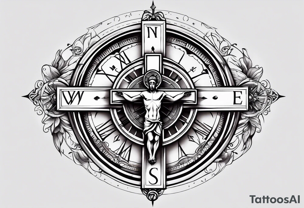 Crucifix with clock and compass in the middle tattoo idea