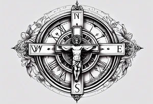 Crucifix with clock and compass in the middle tattoo idea