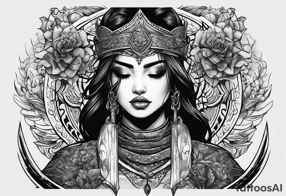 Bind Girl with cover on her eyes with a sword in her hand and in the other hand Golda a scale tattoo idea