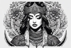 Bind Girl with cover on her eyes with a sword in her hand and in the other hand Golda a scale tattoo idea