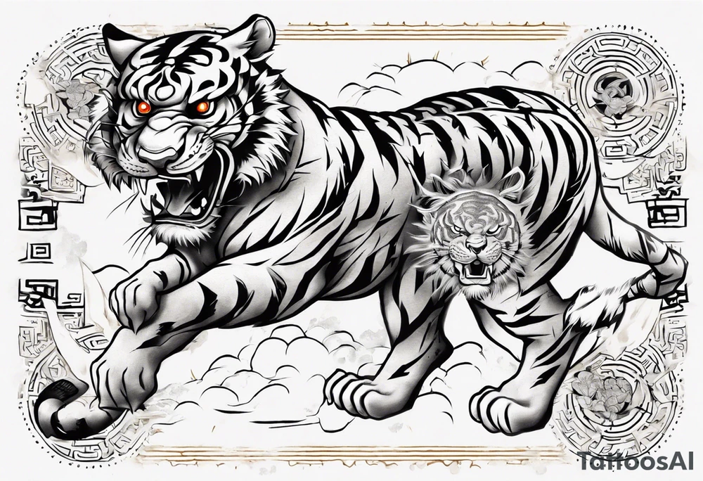 Ancient tiger with lightning and a sun for a forearm sleeve. With patterns surrounding it tattoo idea