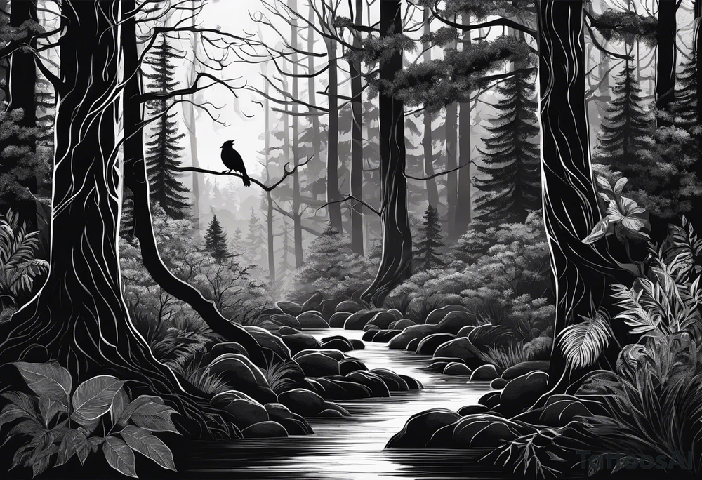 long black silhouettes with white eyes in a big dark forest tattoo idea