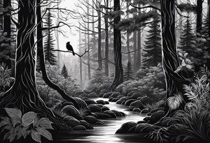long black silhouettes with white eyes in a big dark forest tattoo idea
