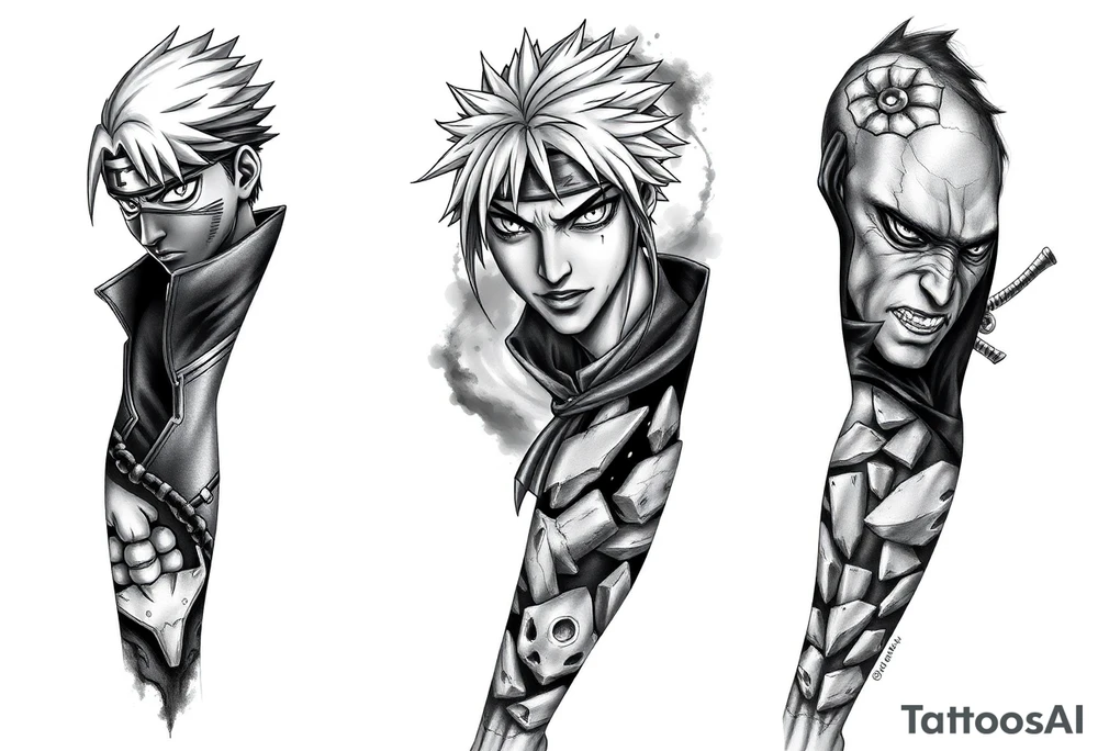 Full Naruto anime sleeve tattoo in black and grey realism, designed for the entire arm. Featuring Kakashi Hatake, Itachi Uchiha, and Pain, with detailed portraits and dramatic poses. Sharp shading, bold linework, and high contrast with smoky shadows for depth. Integrate multiple panels flowing seamlessly together, with each character framed by abstract effects like chakra energy, smoke, and broken stone textures. Masculine, dynamic, and intense style with strong highlights and shadows.” tattoo idea