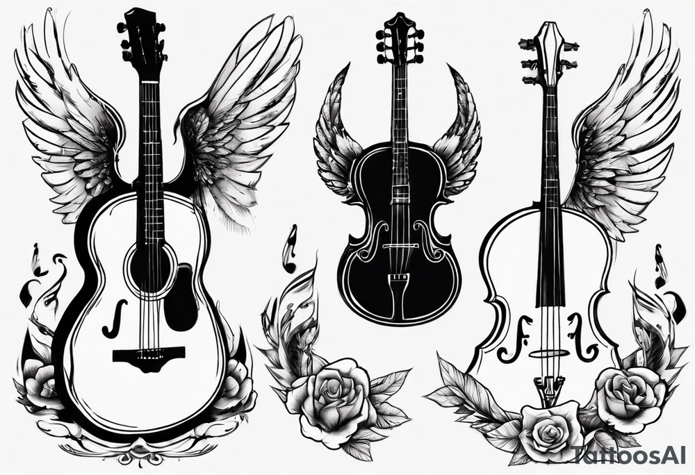 ACOUSTIC GUITAR AND VIOLIN WITH WINGS tattoo idea