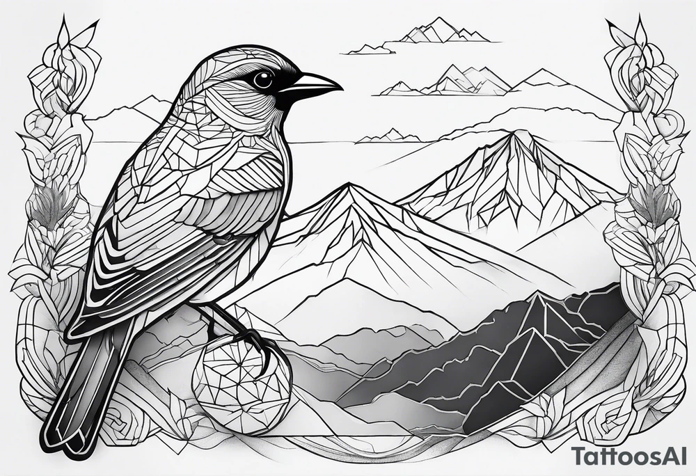 Geometric Black and white bird outline with mountains in distance tattoo idea